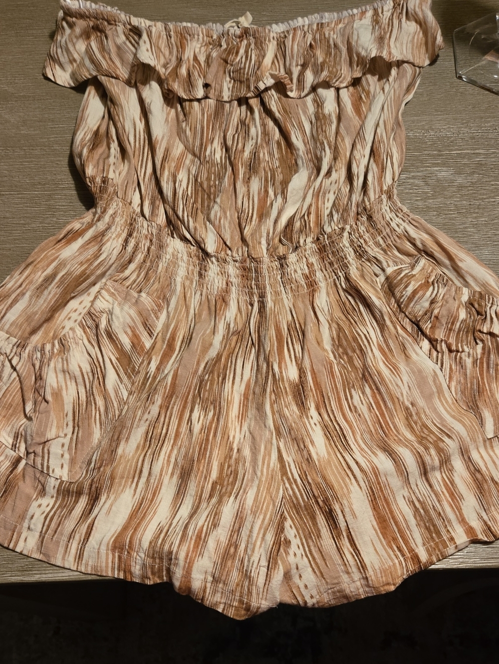 Promesa Off-Shoulder Jump Suit in Beige and Brown Print